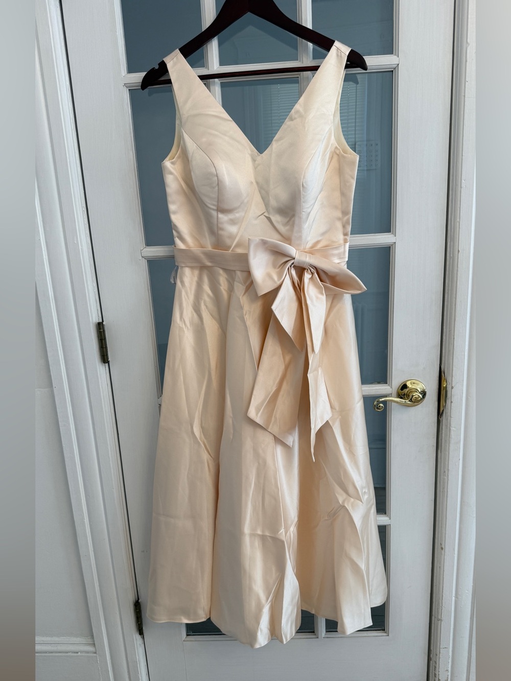 MISS VEIL Women's Ivory Satin Sleeveless V-Neck Bow Waist Midi Formal Dress NEW